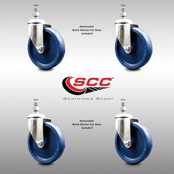 Service Caster 5 Inch 316SS Solid Polyurethane Wheel Swivel 10mm Threaded Stem Caster Set SCC-SS316TS20S514-SPUS-M1015-4 - main